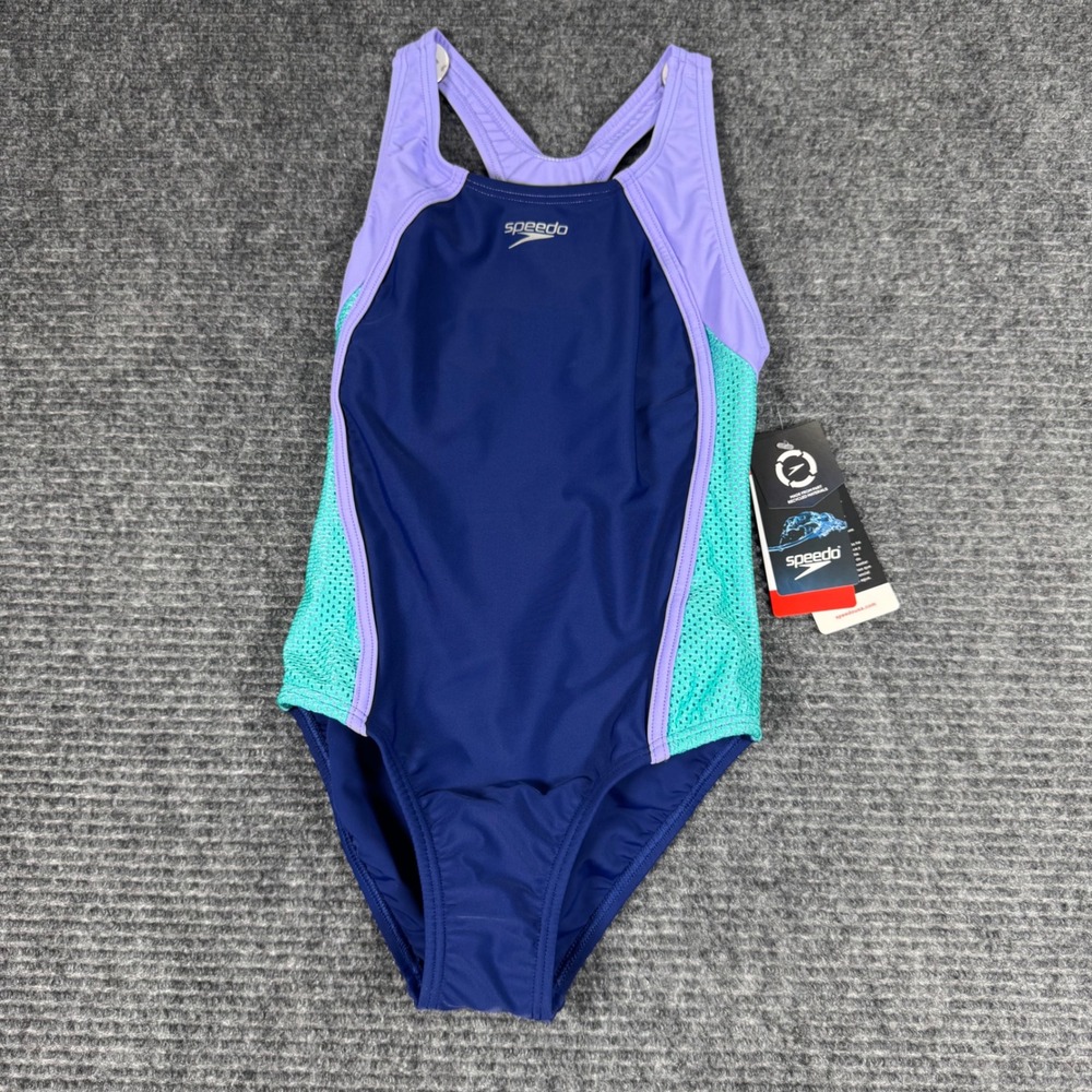 Speedo Girls Mesh Thick Strap One Piece Swimsuit Navy Purple Aqua Size 10 NWT